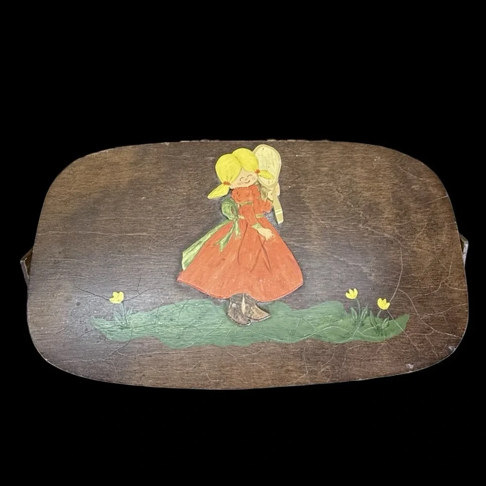 Vintage Hand Painted Wood Splint Basket Folk Art Country Vanity Purse Mirror Lid